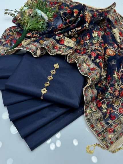 AmorZaib Luxury Exclusive 3PC Heavy Embroidered Dress - Dark Blue