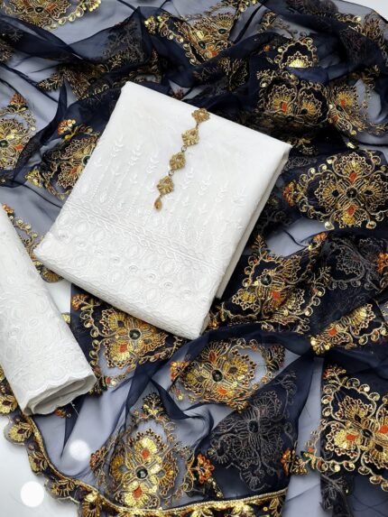 AmorZaib Summer Embroidered 3-Piece Chicken Kari Set -  Dark Grey